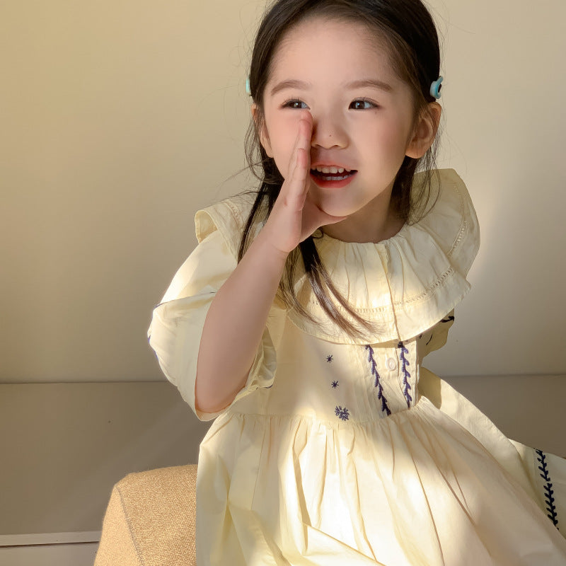AM1682夏季復古宮廷風娃娃領刺繡花朵設計寬鬆泡泡袖裙子2024.03.29