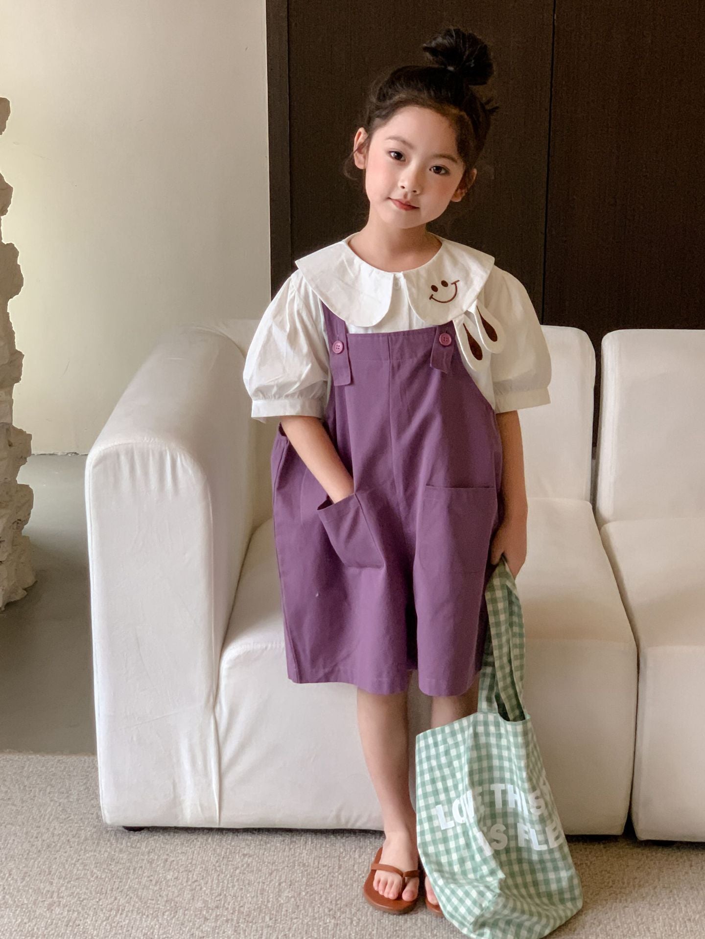 CM3362夏季女童兔子領娃娃衫+兔子耳朵背帶褲套裝兩件套2024.03.15