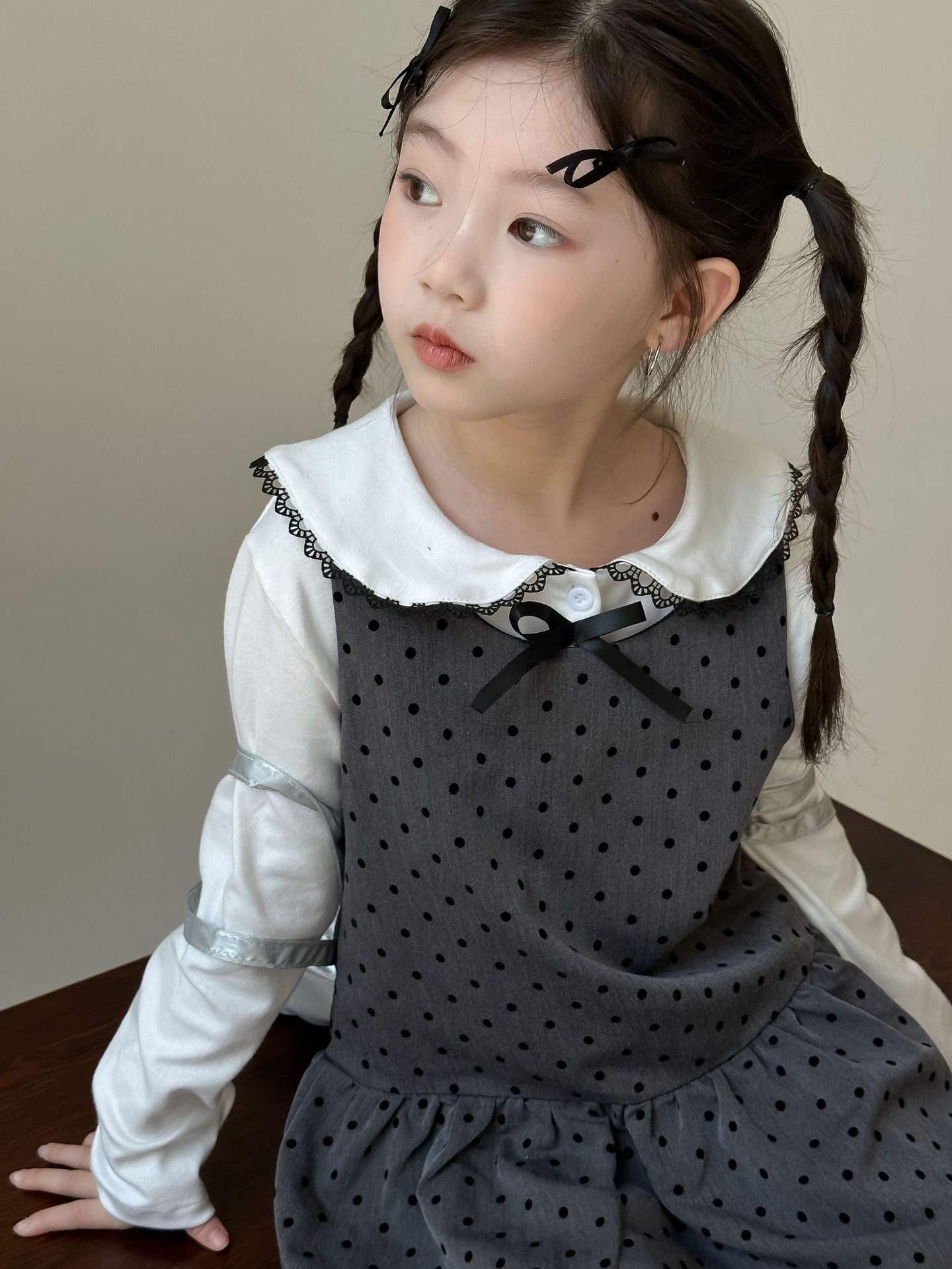 CA4671秋季女童蝴蝶結娃娃衫波點背心公主裙甜美兩件套2024.08.06
