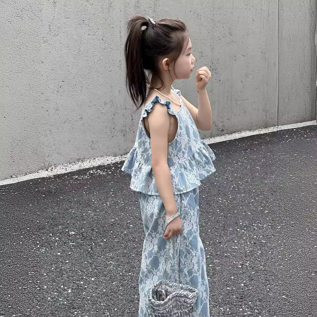 CJ4116夏季韓版女童蕾絲飛袖吊帶上衣闊腿褲兩件套2024.06.11
