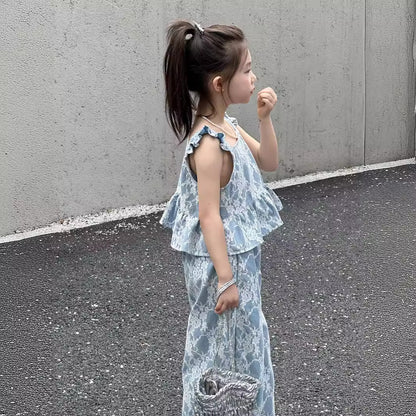CJ4116夏季韓版女童蕾絲飛袖吊帶上衣闊腿褲兩件套2024.06.11