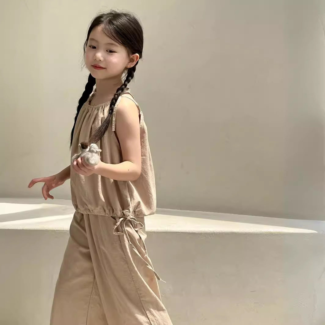 CJ4132韓版夏季女童吊帶上衣闊腿褲純色兩件套2024.06.11