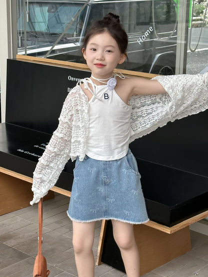 CJ4983韓版夏季女童蝴蝶結蕾絲牛仔短裙2024.06.11