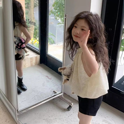 CJ4329夏季中大女童掛脖亮片上衣短褲兩件套裝2024.06.28