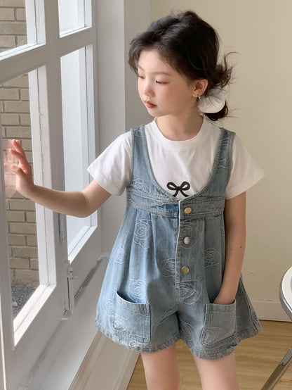 CJ3391夏季中大女童花朵牛仔背帶褲2024.06.28