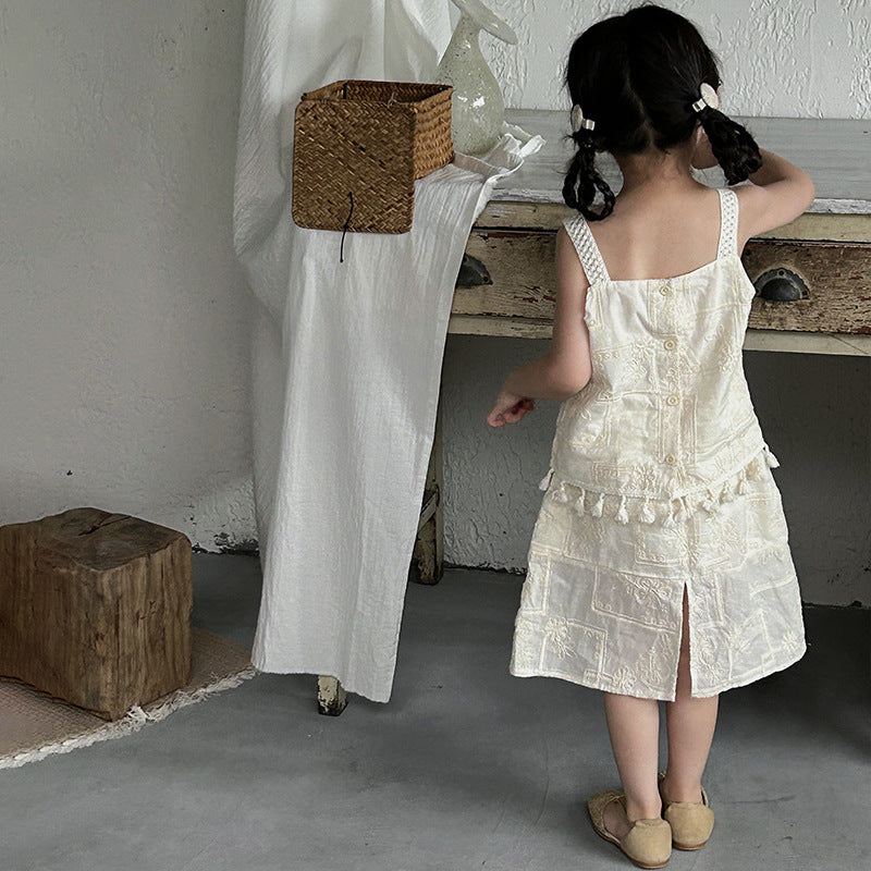 AJ1707夏季女童刺繡吊帶衫甜美半身裙兩件套套裝2024.06.07