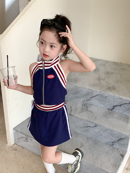 CM3205夏季辣妹風螺紋掛脖露背背心+短裙兩件套2024.03.15