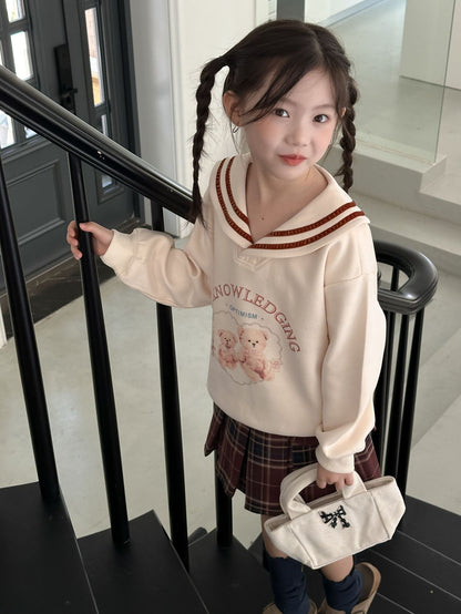 CA4696秋季女童學院風海軍領卡通熊衛衣格子百褶裙兩件套2024.08.06