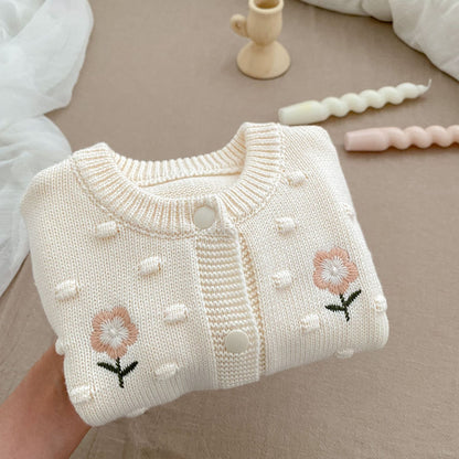 DK2097秋季女童甜美針織純棉花朵刺繡圓領長袖外套2024.07.05