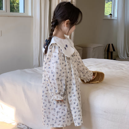 AF1665甜美碎花刺繡翻領長袖連衣公主裙2024.02.20