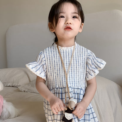 AM1689夏季韓版森系復古飛飛袖格子氣質連衣裙2024.03.29