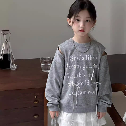 CA4159秋季女童甜美露肩蝴蝶結字母印花衛衣白色蛋糕裙兩件套2024.08.06