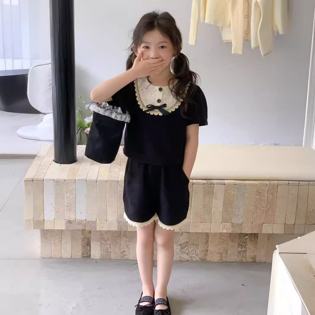 CJ4312夏季女童蝴蝶結氣質短袖上衣+短褲兩件套裝2024.06.28