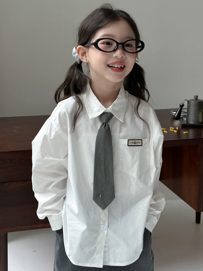 CA4182秋季女童學院風貼標襯衫灰色短裙兩件套2024.08.06