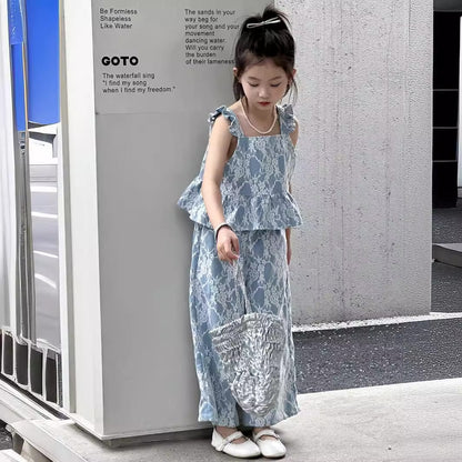 CJ4116夏季韓版女童蕾絲飛袖吊帶上衣闊腿褲兩件套2024.06.11