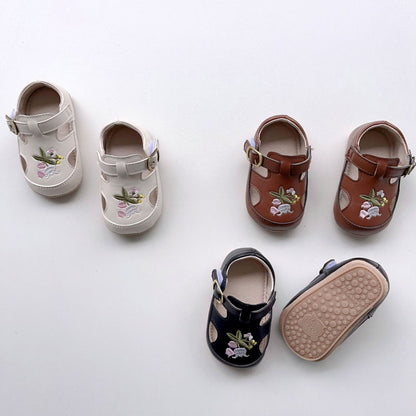 DN9207嬰兒鞋子夏季復古花朵刺繡女寶寶軟底防滑學步小皮鞋2024.05.17
