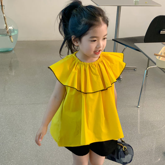 AJ1207韓版夏季女童寬鬆荷葉領公主風短袖上衣2024.06.07