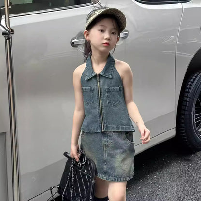 CJ4922夏季女童辣妹風牛仔露背上衣短裙套裝兩件套2024.06.11