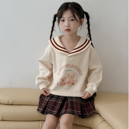 CA4696秋季女童學院風海軍領卡通熊衛衣格子百褶裙兩件套2024.08.06