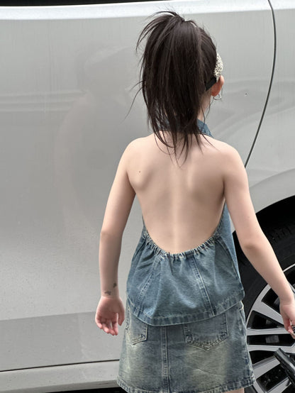 CJ4922夏季女童辣妹風牛仔露背上衣短裙套裝兩件套2024.06.11