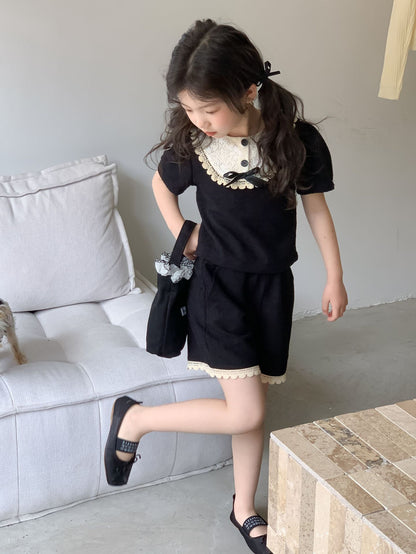 CJ4312夏季女童蝴蝶結氣質短袖上衣+短褲兩件套裝2024.06.28