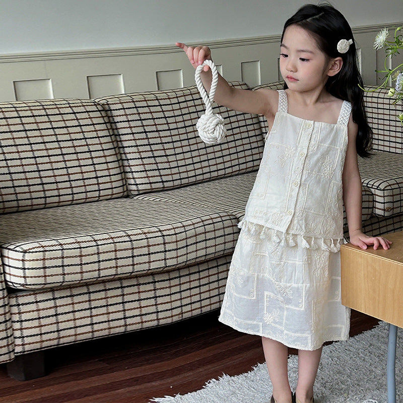 AJ1707夏季女童刺繡吊帶衫甜美半身裙兩件套套裝2024.06.07