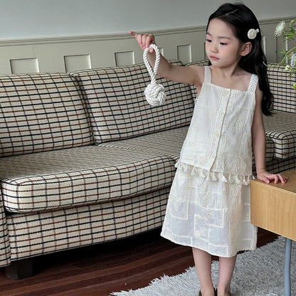 AJ1707夏季女童刺繡吊帶衫甜美半身裙兩件套套裝2024.06.07