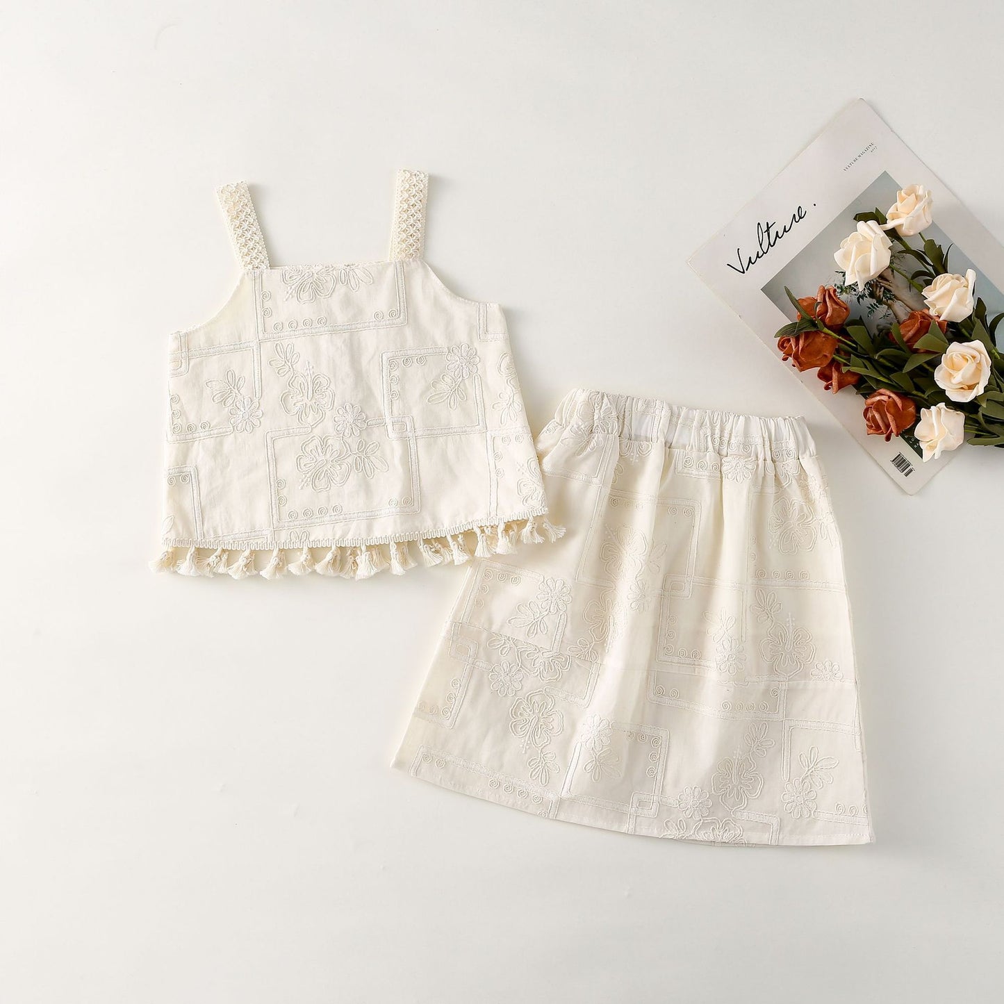 AJ1707夏季女童刺繡吊帶衫甜美半身裙兩件套套裝2024.06.07