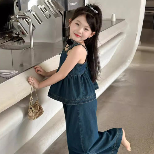 CJ4977韓版夏季女童辣妹風牛仔吊帶娃娃衫闊腿褲套裝兩件套2024.06.11