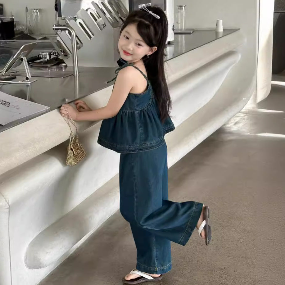 CJ4977韓版夏季女童辣妹風牛仔吊帶娃娃衫闊腿褲套裝兩件套2024.06.11