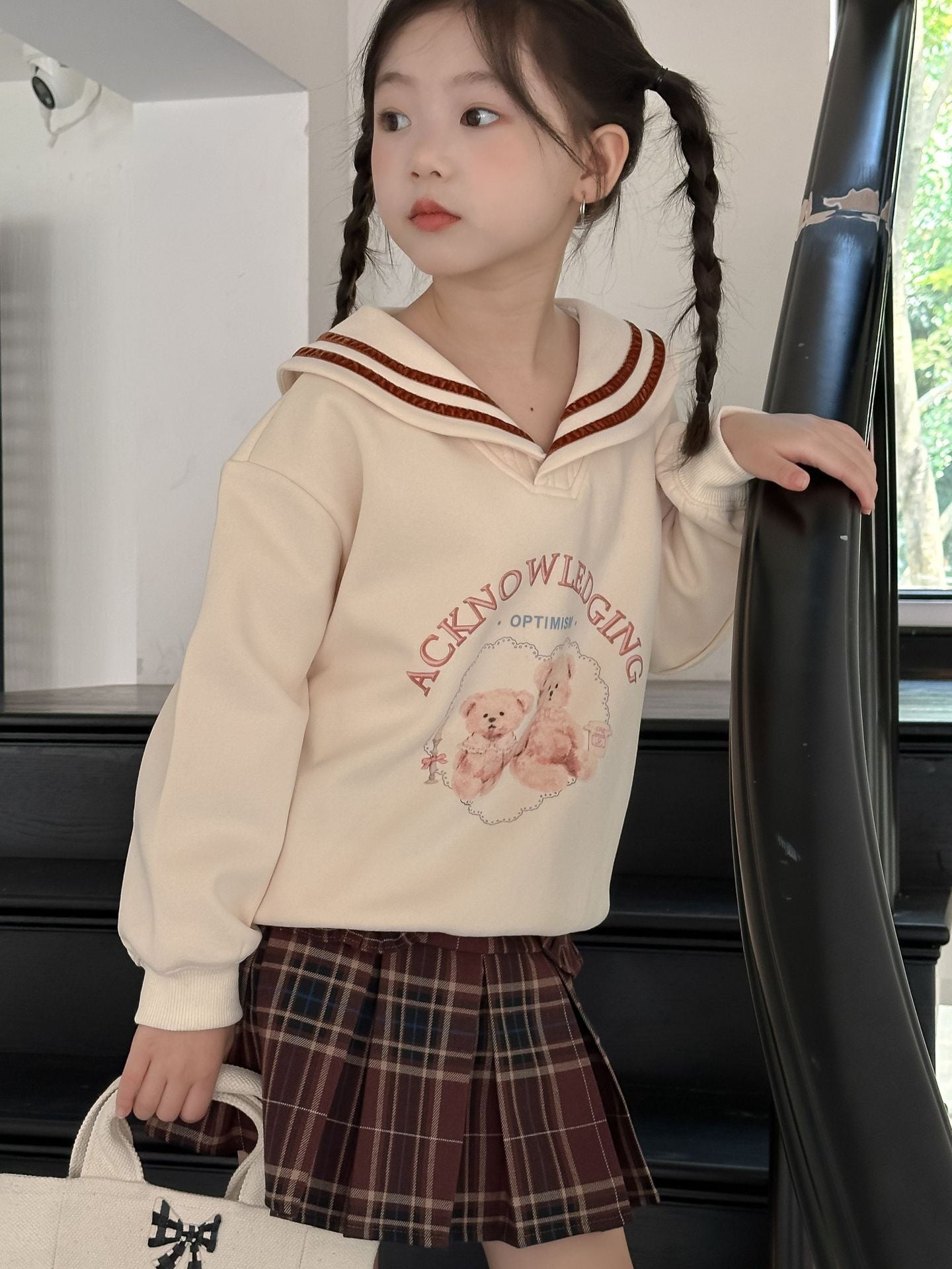 CA4696秋季女童學院風海軍領卡通熊衛衣格子百褶裙兩件套2024.08.06