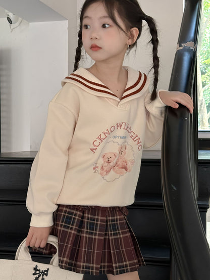 CA4696秋季女童學院風海軍領卡通熊衛衣格子百褶裙兩件套2024.08.06