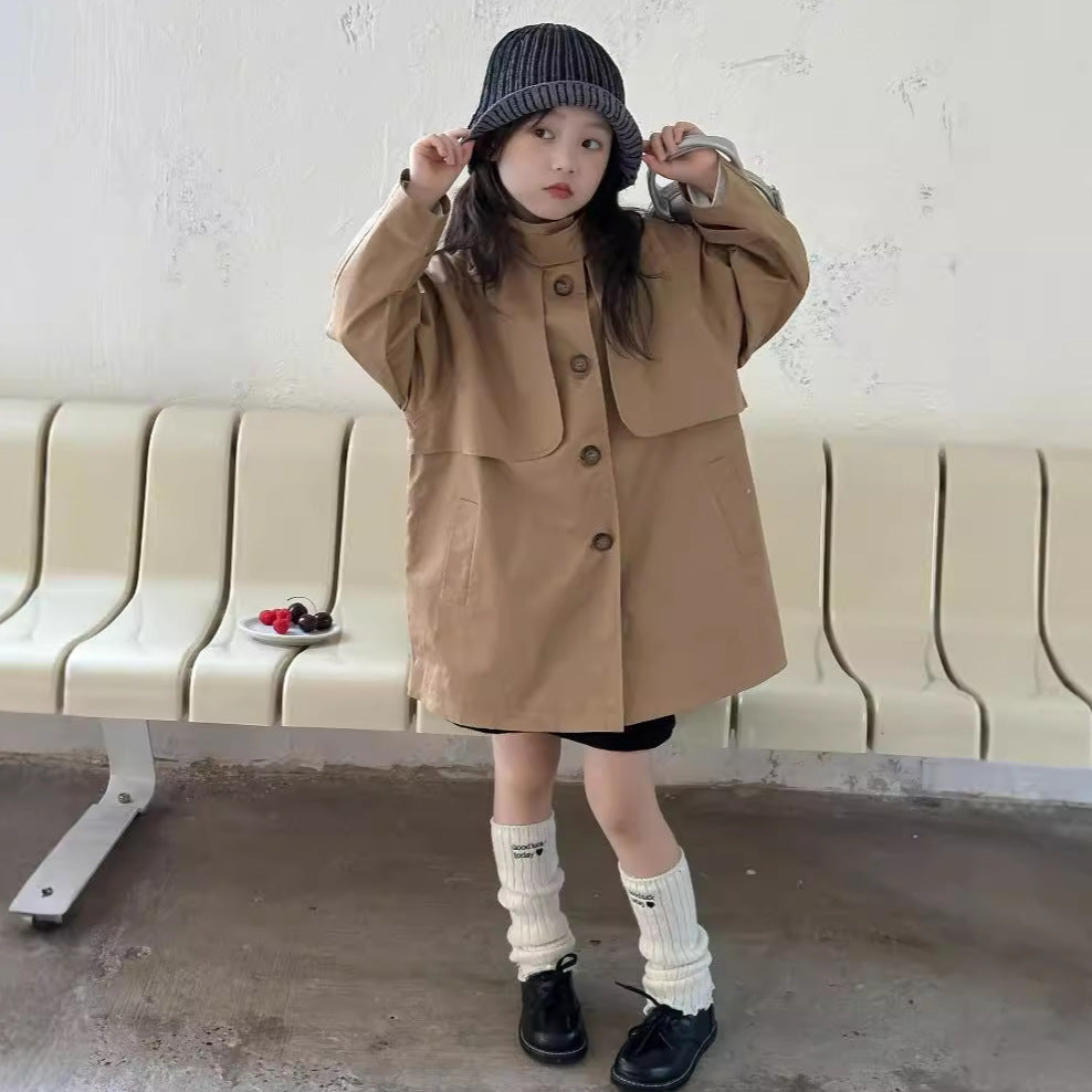 CA4655秋季韓版女童設計感咖色風衣中長款外套2024.08.06