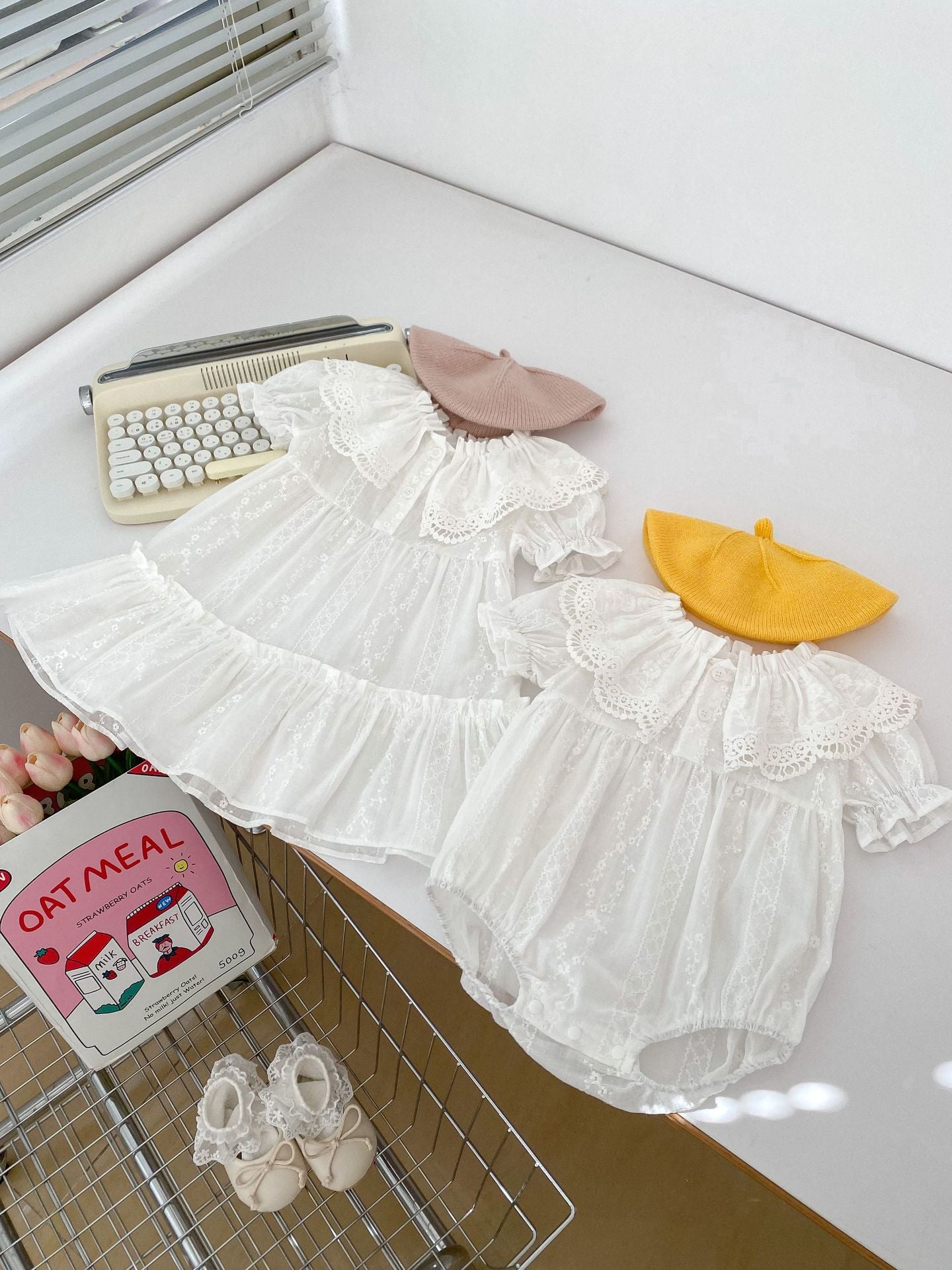 DJ0110夏季純棉刺繡蕾絲翻領荷葉邊泡泡袖公主裙2024.06.14