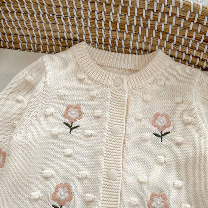 DK2097秋季女童甜美針織純棉花朵刺繡圓領長袖外套2024.07.05