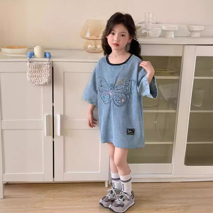CA0181夏季中大童刺繡蝴蝶寬鬆設計感牛仔連衣裙2024.04.09