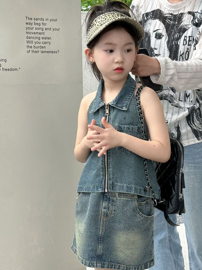 CJ4922夏季女童辣妹風牛仔露背上衣短裙套裝兩件套2024.06.11