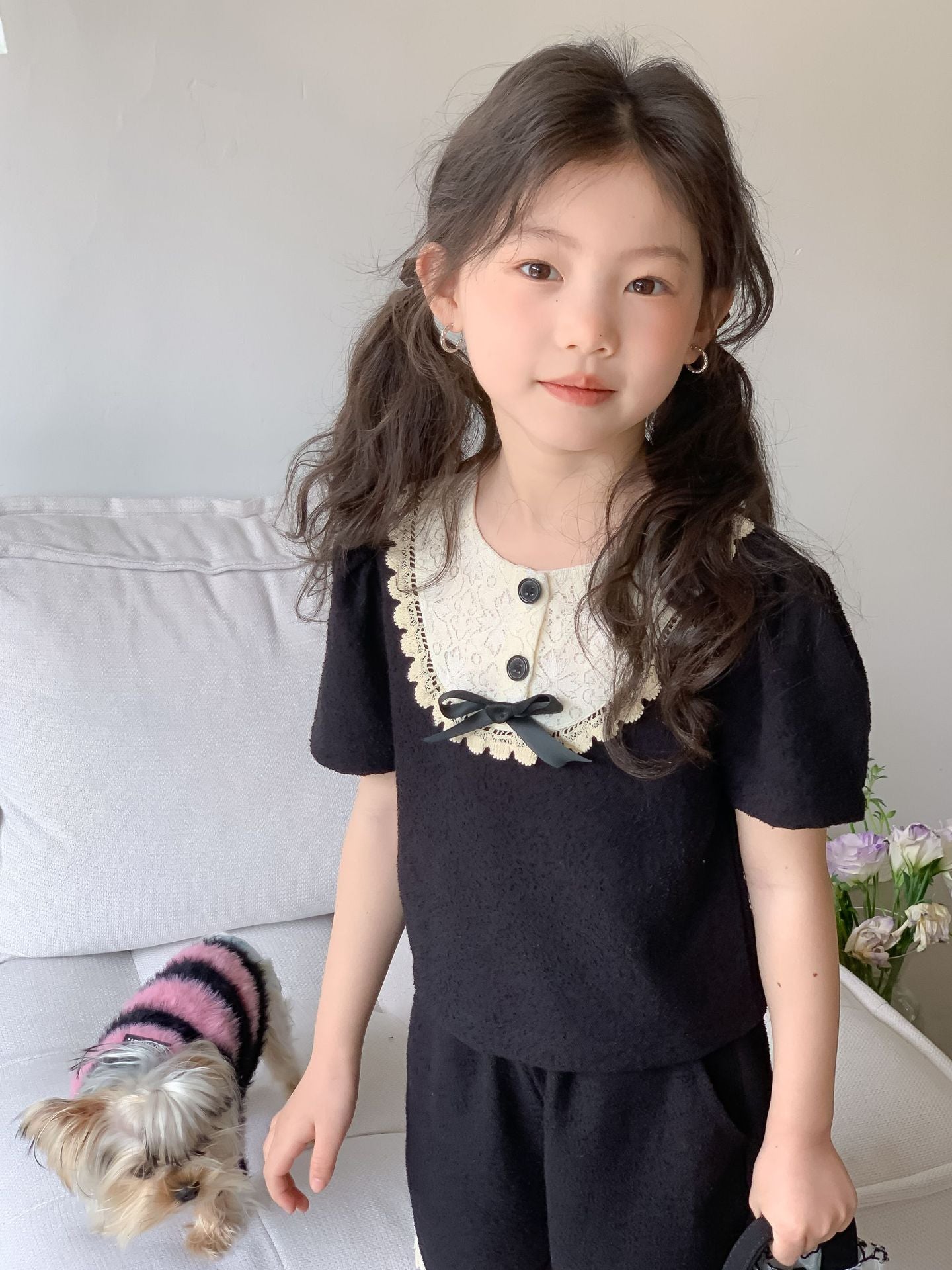 CJ4312夏季女童蝴蝶結氣質短袖上衣+短褲兩件套裝2024.06.28