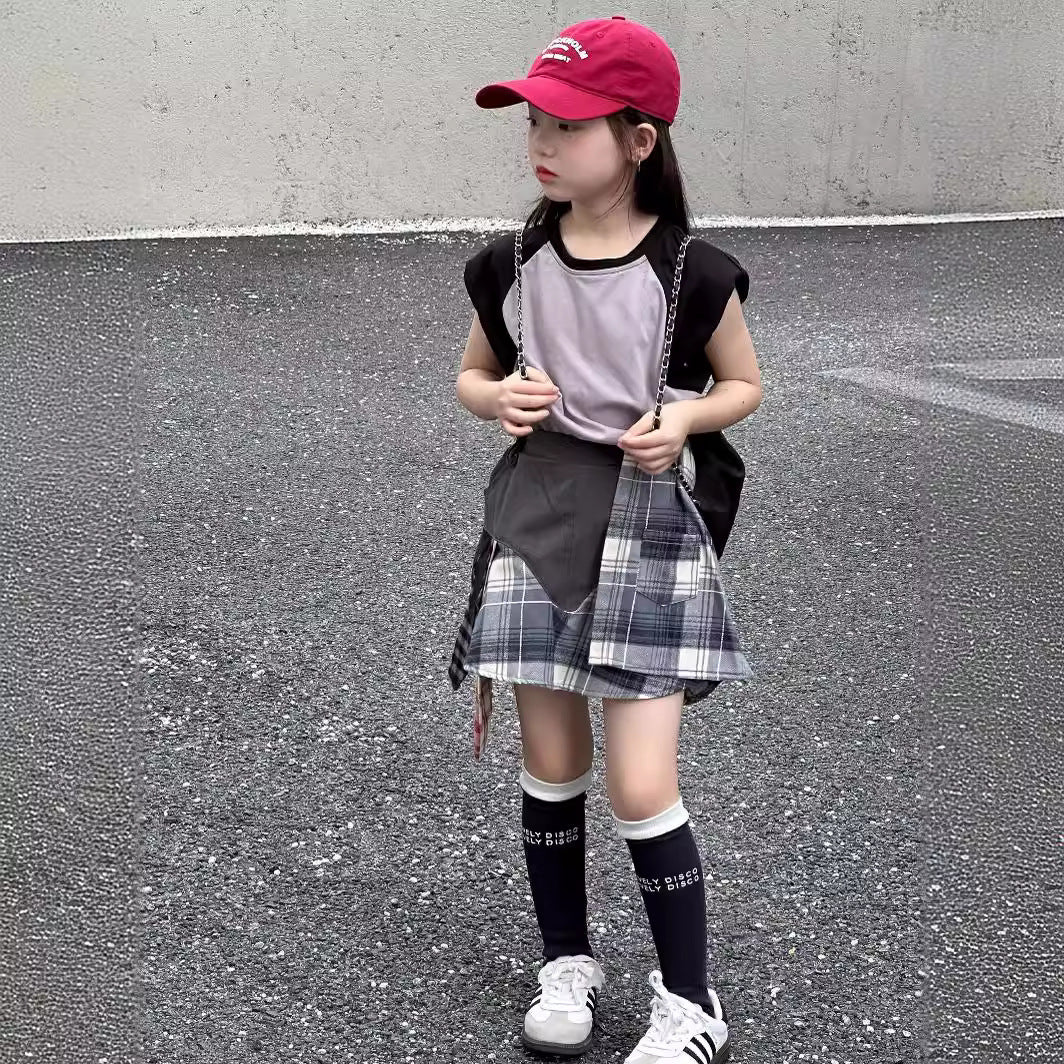 CJ4137夏季女童墊肩無袖t恤拼接短裙兩件套2024.06.11