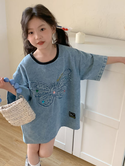 CA0181夏季中大童刺繡蝴蝶寬鬆設計感牛仔連衣裙2024.04.09