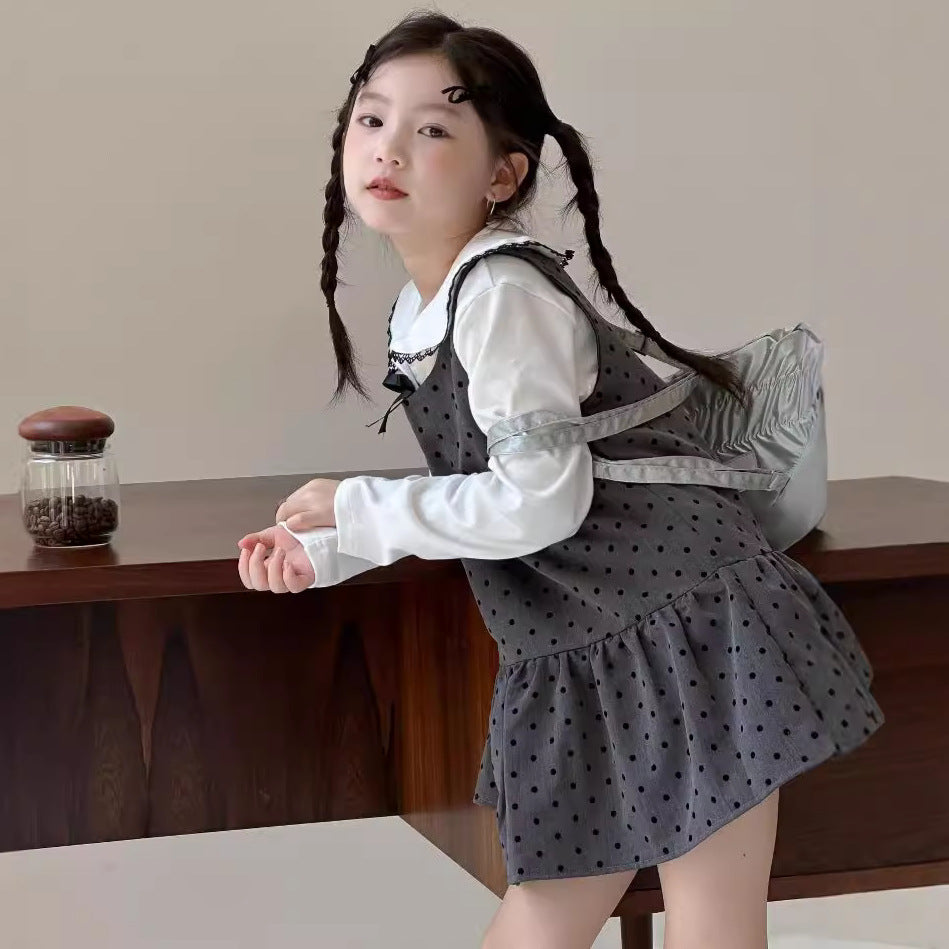 CA4671秋季女童蝴蝶結娃娃衫波點背心公主裙甜美兩件套2024.08.06