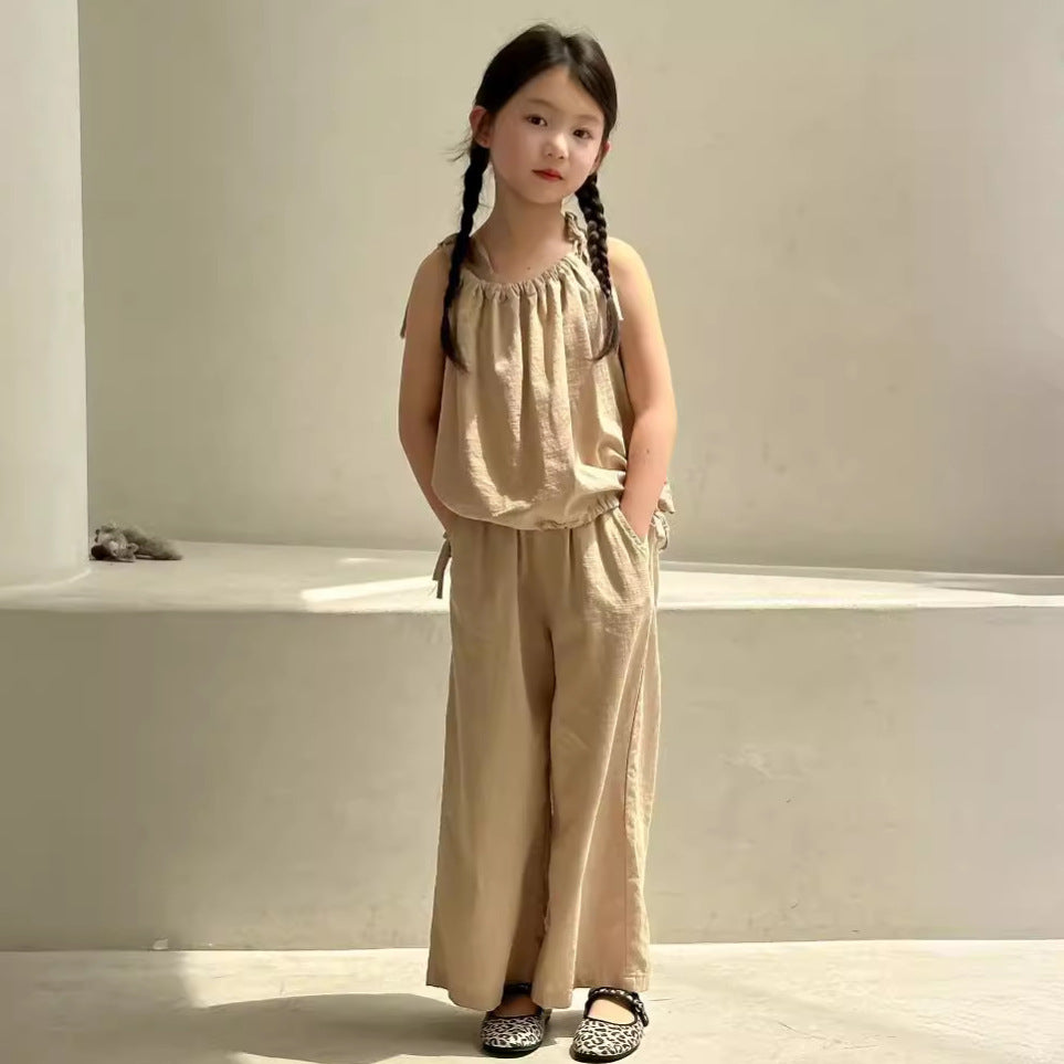 CJ4132韓版夏季女童吊帶上衣闊腿褲純色兩件套2024.06.11