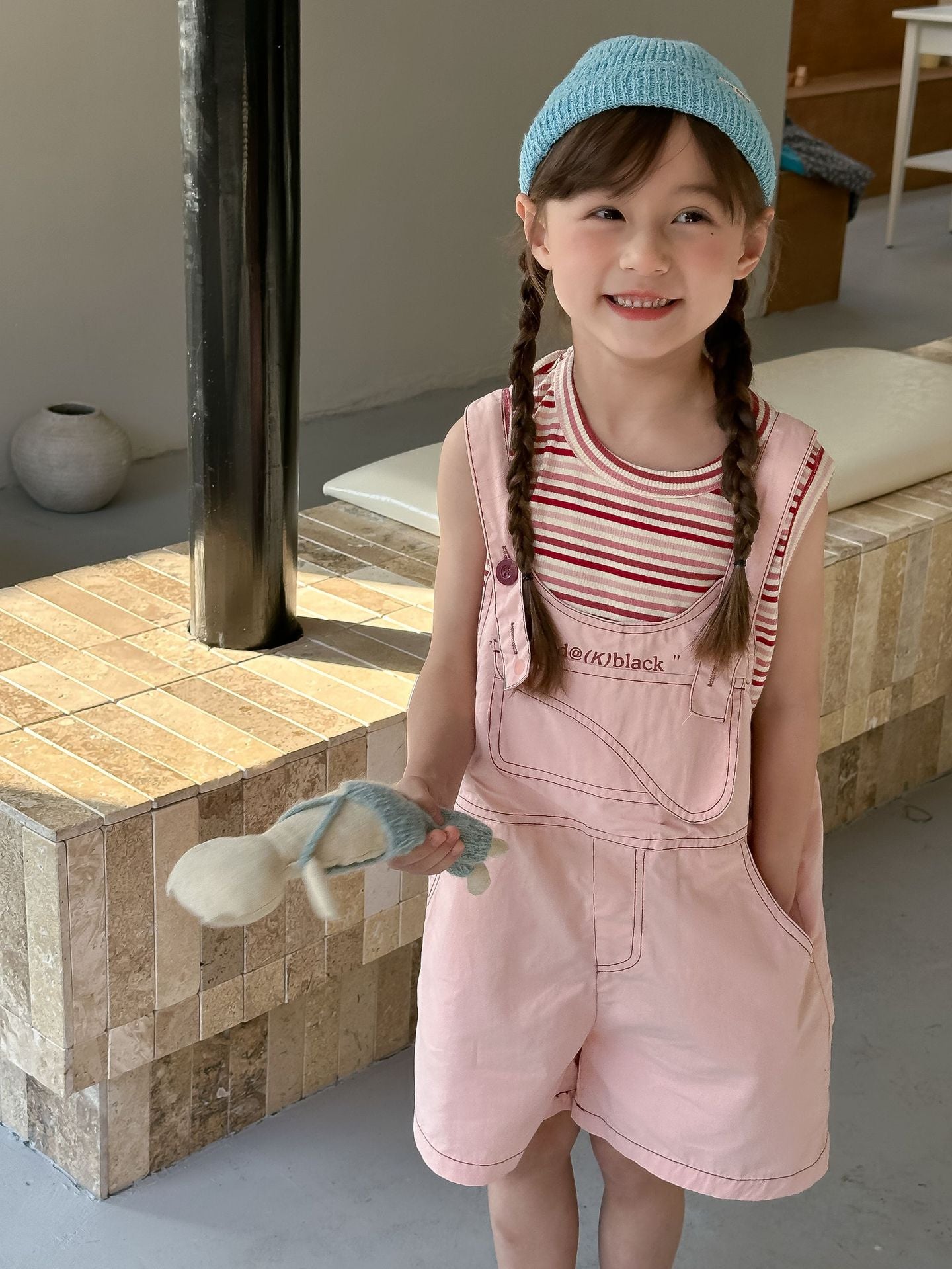 CA4933夏季女童可愛彩條背心粉色背帶短褲兩件套套裝2024.04.09