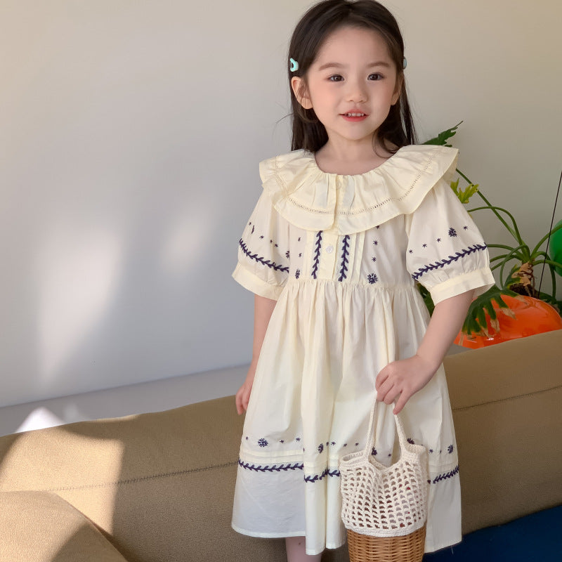 AM1682夏季復古宮廷風娃娃領刺繡花朵設計寬鬆泡泡袖裙子2024.03.29