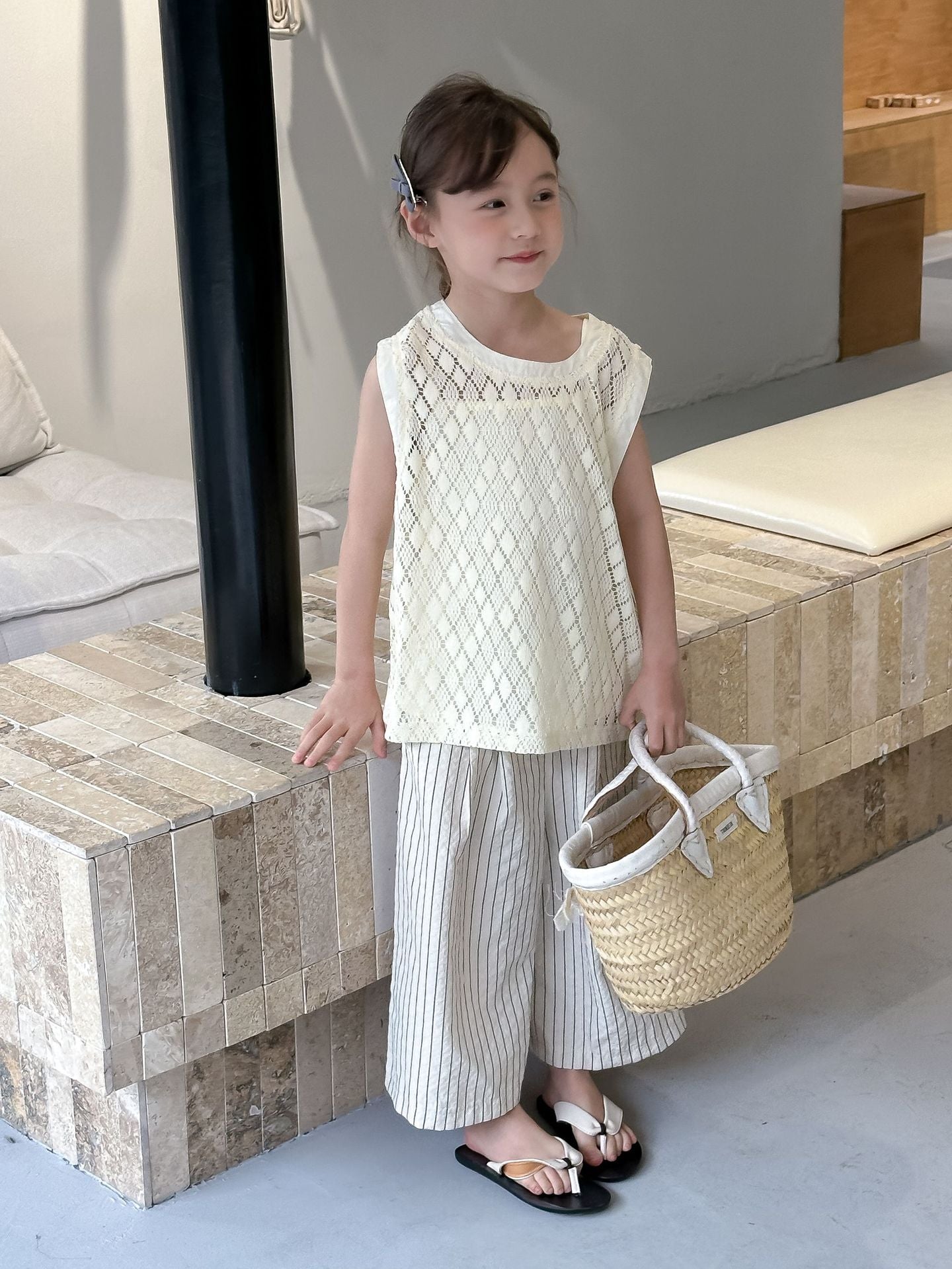 CA4960韓版夏季女童無袖上衣吊帶衫條紋褲三件套中大童女寶套裝2024.04.09
