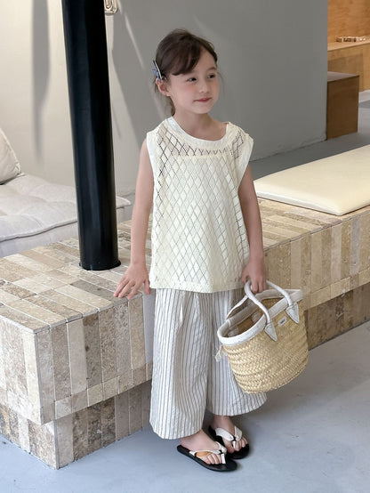 CA4960韓版夏季女童無袖上衣吊帶衫條紋褲三件套中大童女寶套裝2024.04.09