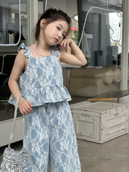 CJ4116夏季韓版女童蕾絲飛袖吊帶上衣闊腿褲兩件套2024.06.11
