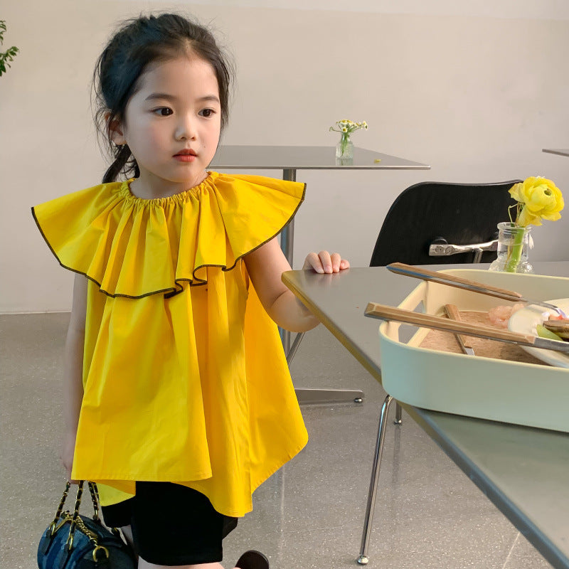 AJ1207韓版夏季女童寬鬆荷葉領公主風短袖上衣2024.06.07