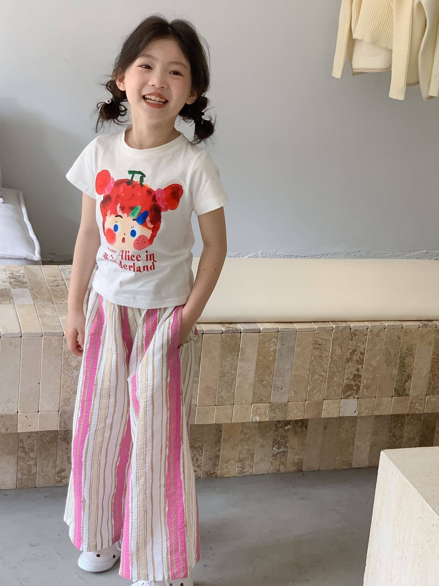 CJ3408夏季中大女童彩條寬鬆九分闊腿褲2024.06.28