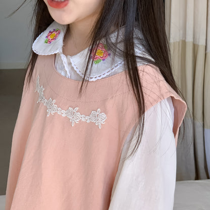 AF1666韓版春季小女孩刺繡襯衫背心裙兩件套2024.02.20
